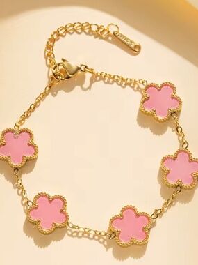 Pink Five Leaf Flower Gold Stainless Steel Bracelet Unique Design Jewelry